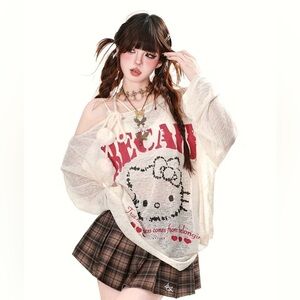 Hello Kitty Graphic Off-Shoulder Knit Top in Cream & Red so L